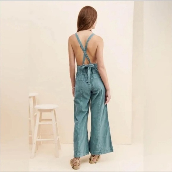 Free People Savannah Overalls 100% cotton flare jumpsuit blue sz small - Picture 4 of 11